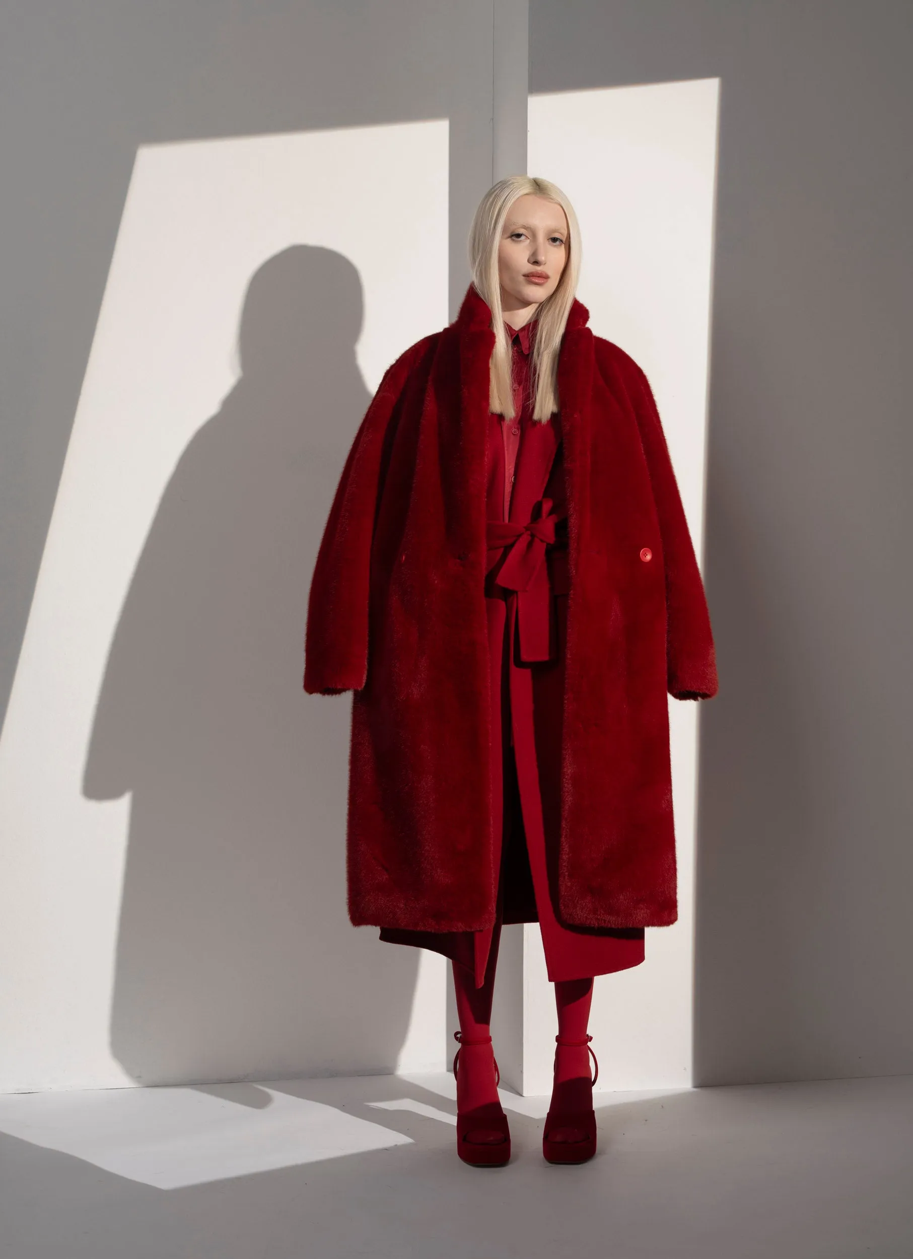 Faux Fur Double Breasted Jacket - Cherry Red