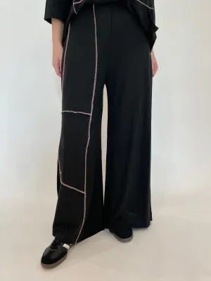 Kira Wide Leg Contrast Stitch Pants - Black/Pink