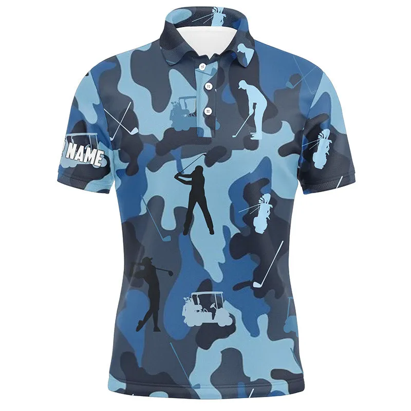 Pesonalized Blue Camo Short Sleeve, Long Sleeve Golf Polo Shirts For Mens Custom Name Golf Tops Mens
