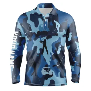 Pesonalized Blue Camo Short Sleeve, Long Sleeve Golf Polo Shirts For Mens Custom Name Golf Tops Mens