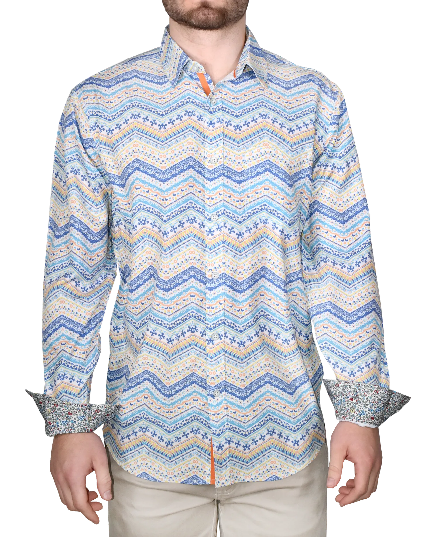 Printed Long Sleeve Woven Shirt, Turq Blue