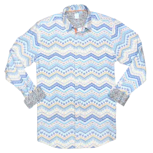 Printed Long Sleeve Woven Shirt, Turq Blue