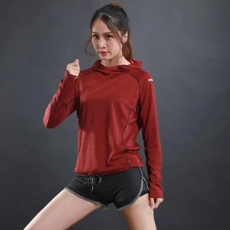 Women’s long sleeve running t-shirts quick dry gym fitness hooded
