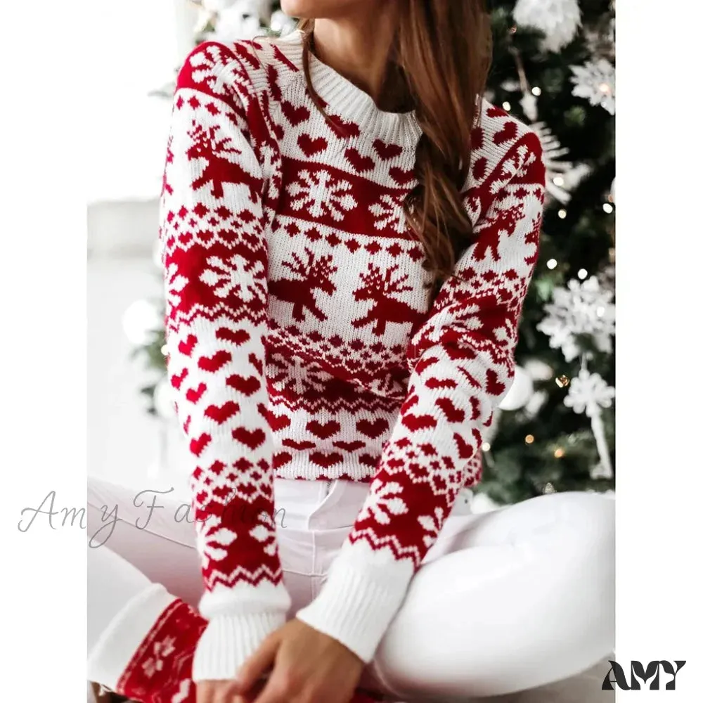 Y2K Moose Print Long Sleeve Christmas Sweater with Thicken Warmth