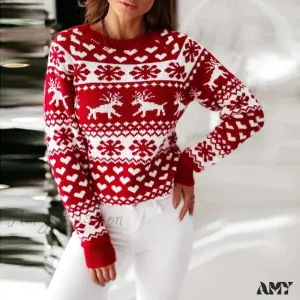 Y2K Moose Print Long Sleeve Christmas Sweater with Thicken Warmth
