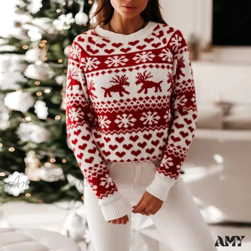 Y2K Moose Print Long Sleeve Christmas Sweater with Thicken Warmth