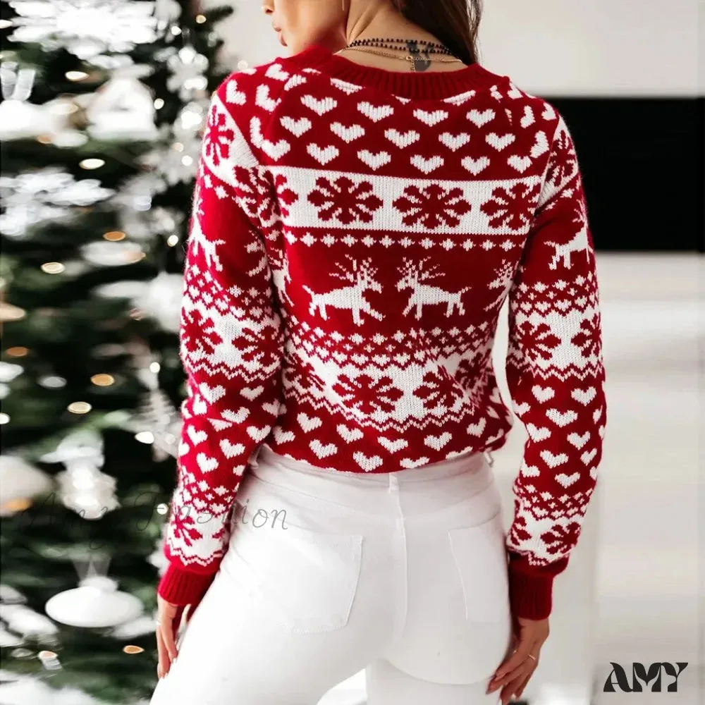 Y2K Moose Print Long Sleeve Christmas Sweater with Thicken Warmth